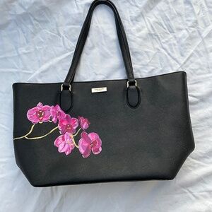 Large Upcycled Black Kate Spade Handbag- Handpainted orchid design